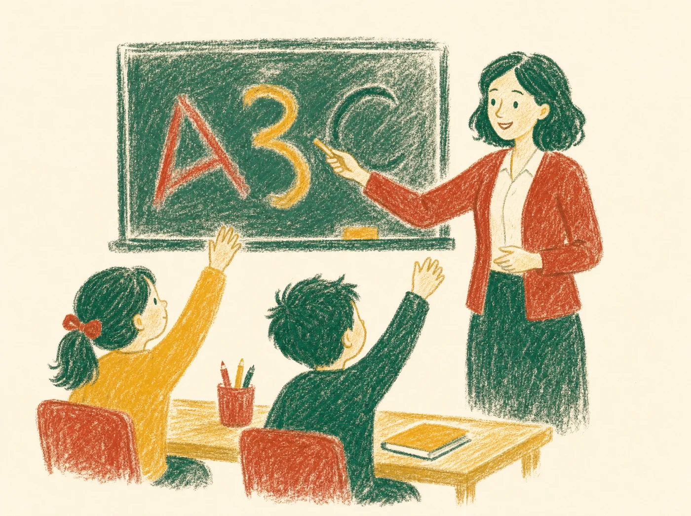 Chalk pastel drawing of a teacher at a chalkboard with two students raising their hands