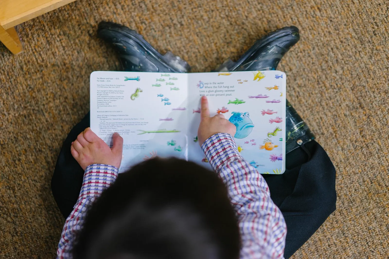 A child follows the words of a picture book with one finger